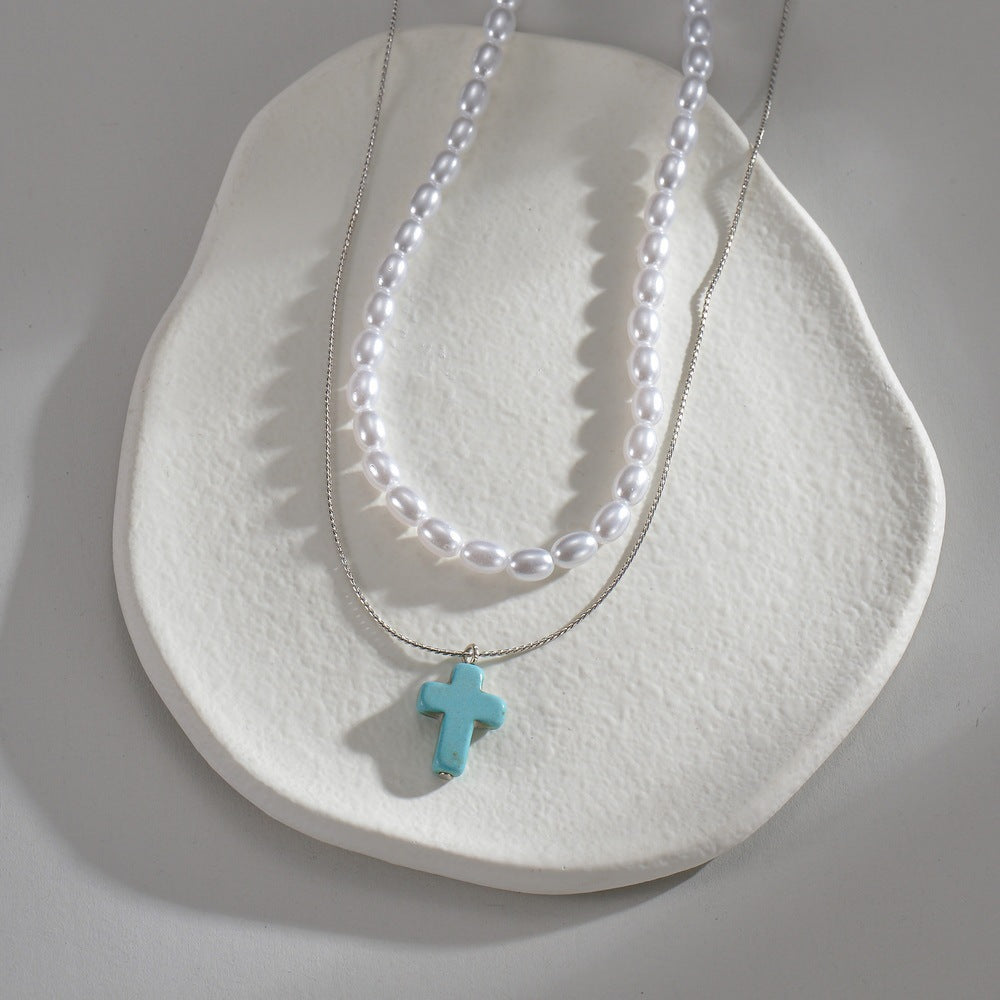 Turquoise Cross Pendant Stone Pearl Multi Layer Necklace