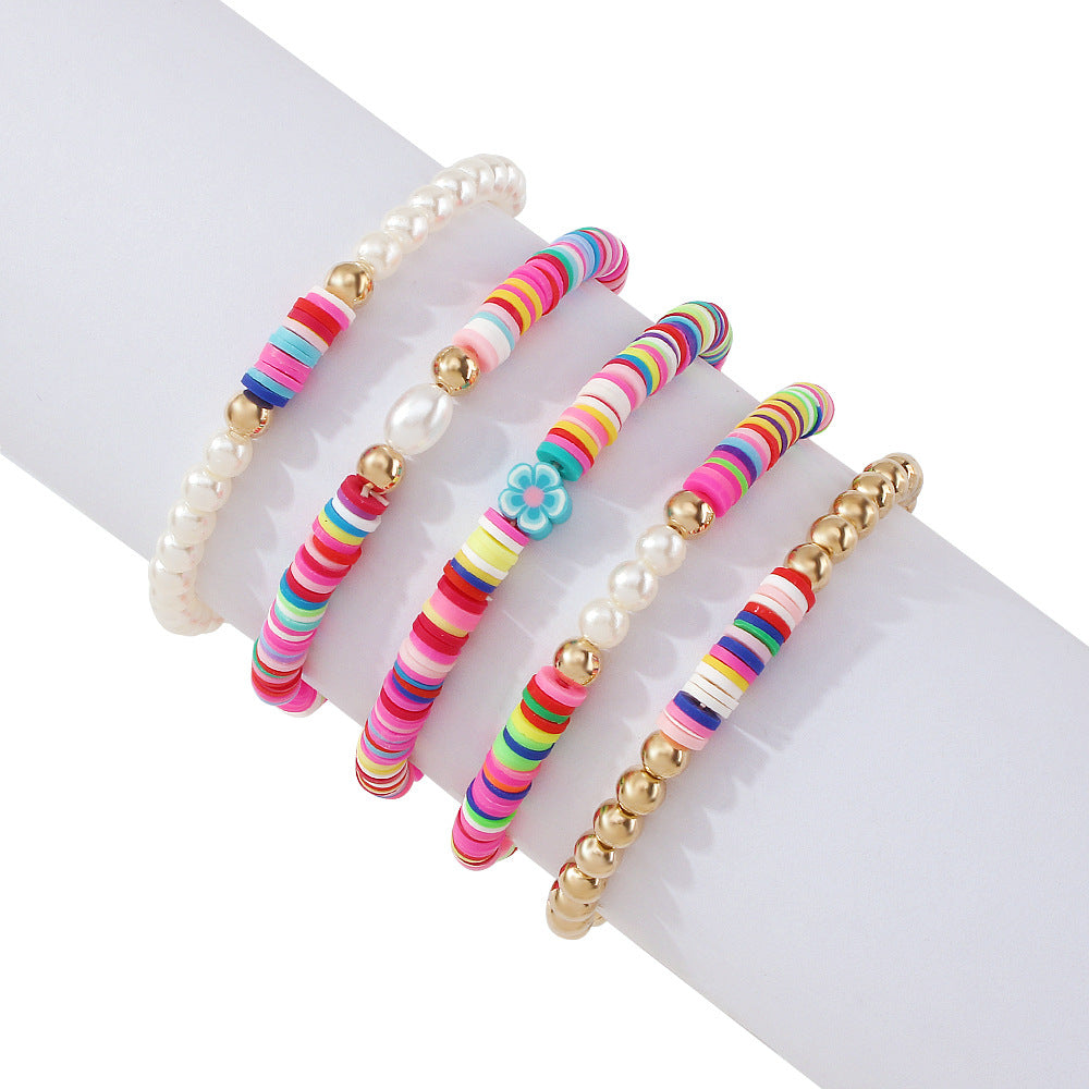 Bohemian Bracelet Colorful Polymer Clay Bead Vintage Pearl