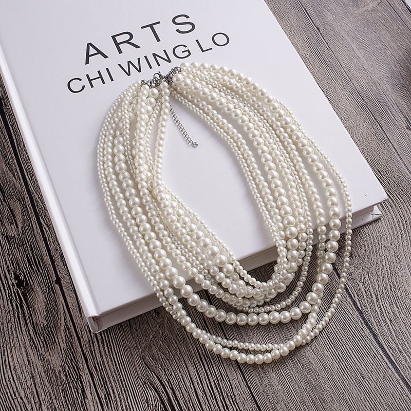 8 Layers Strand Simulated Pearl Strand Bib Necklace Choker Chain Necklace
