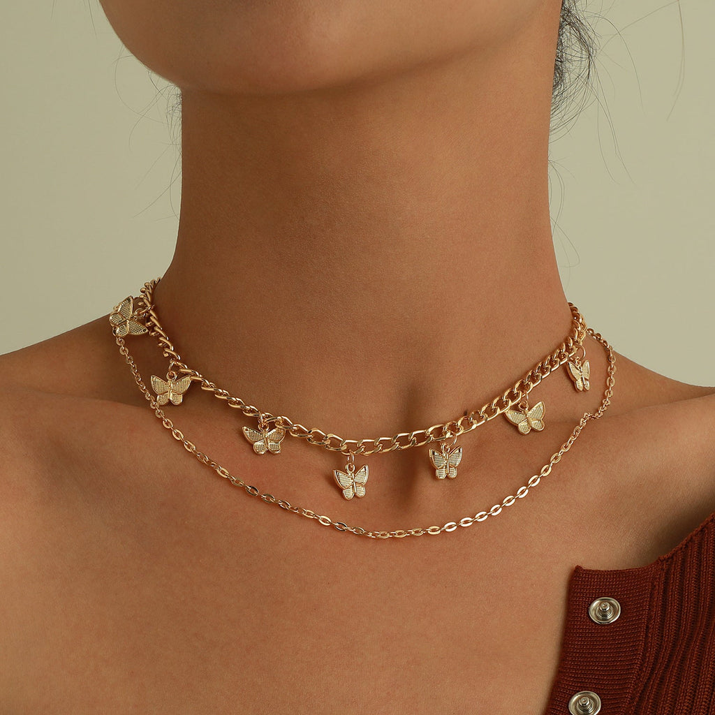 Classic Layered Chokers Butterfly Pendant Tassel Necklaces