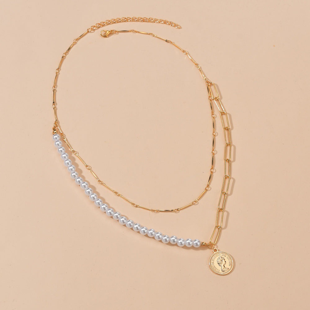 Punk Jewelry Imitation Pearl Coin Pendant Necklace