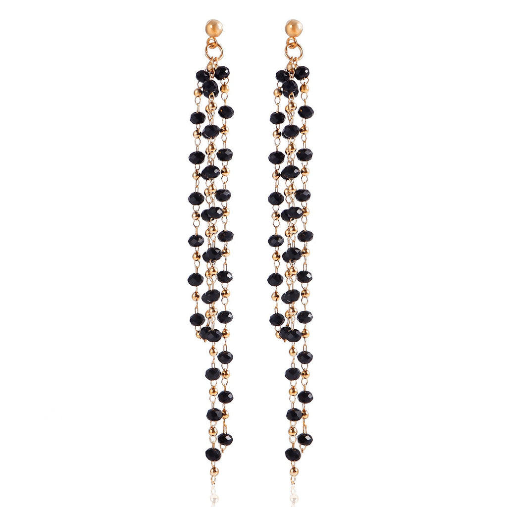 Black Glass Bead Tassel Earrings
