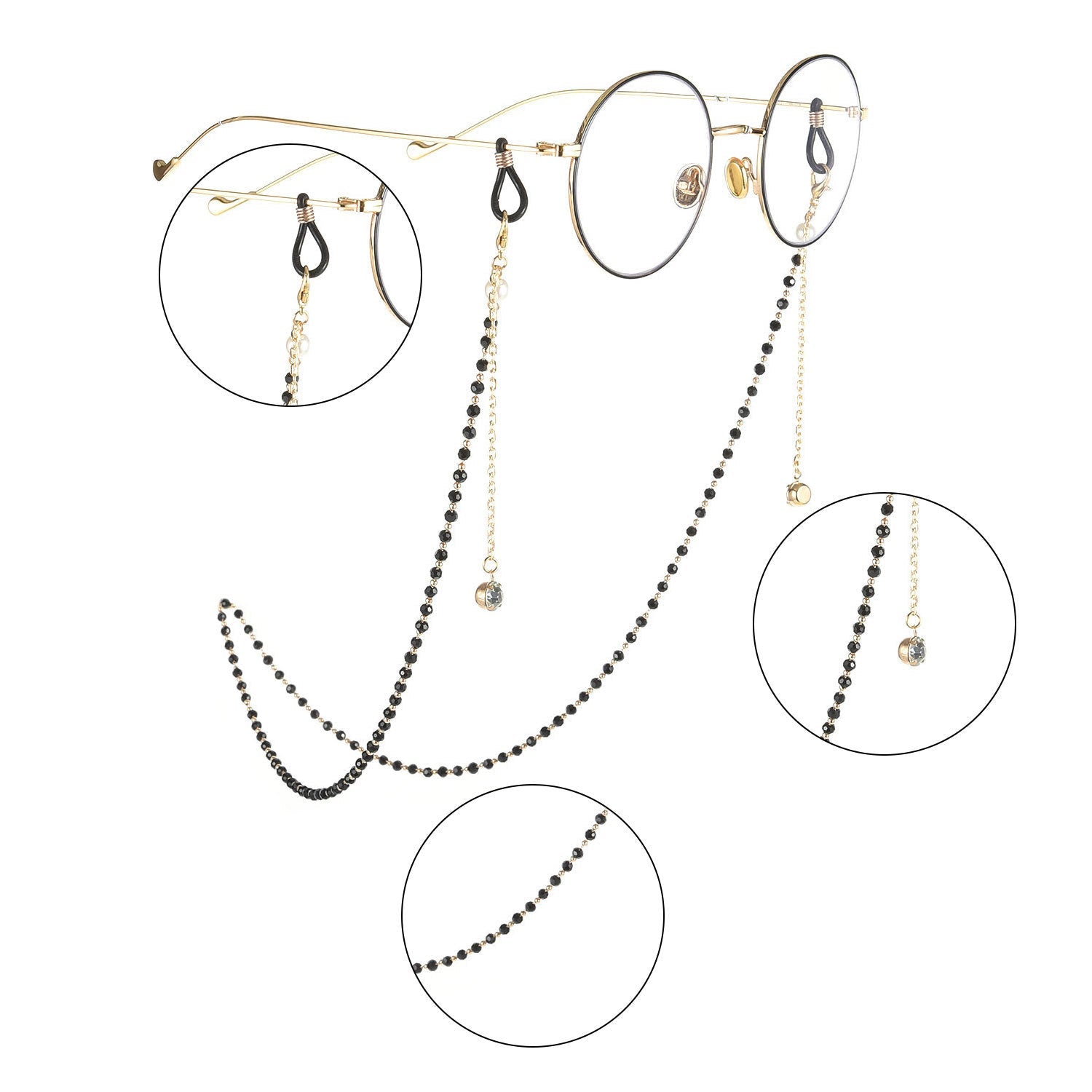 Black Beads Gold Eyeglass Lanyard Hold Straps