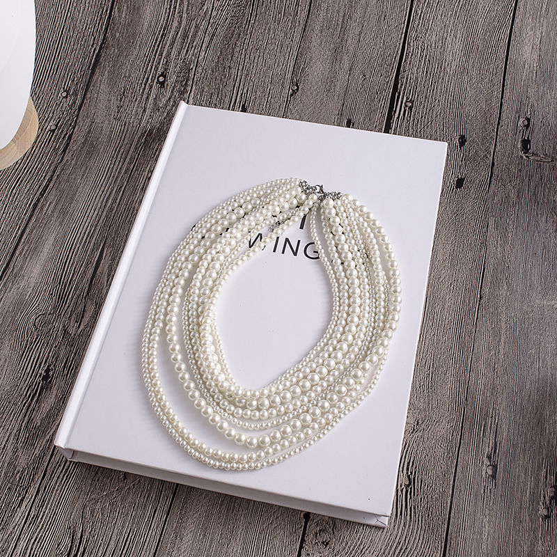 8 Layers Strand Simulated Pearl Strand Bib Necklace Choker Chain Necklace
