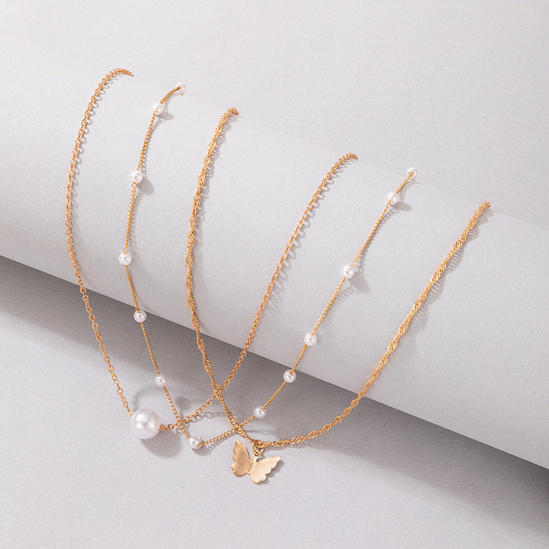 Multi 3 Layers Metallic Chain Gold Alloy Pearl Butterfly Charm Necklace