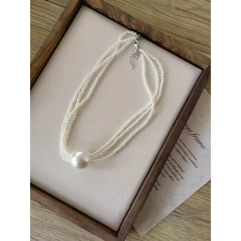 Large Round Bead Pendant Multi layer Pearl Beaded Necklace