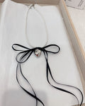 Ribbon Bow Silver Heart Pendant Pearl Choker