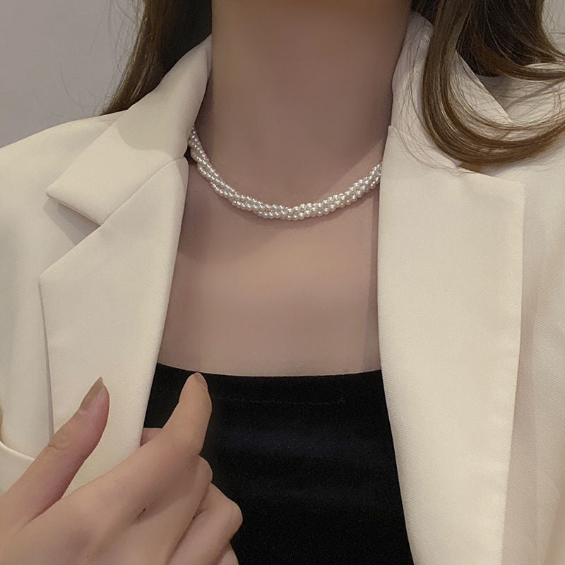 Multi layers women choker Pearl Necklace Round Twisted