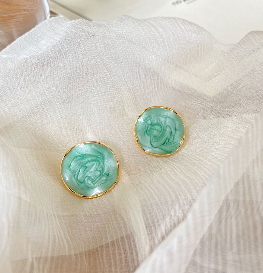 Enamel Green Round Glazed Earrings