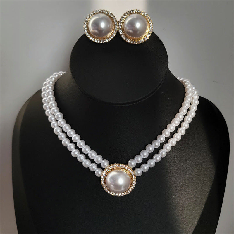 Pearl Double Clavicle Chain Flash Round Pearl Earring Necklace Set