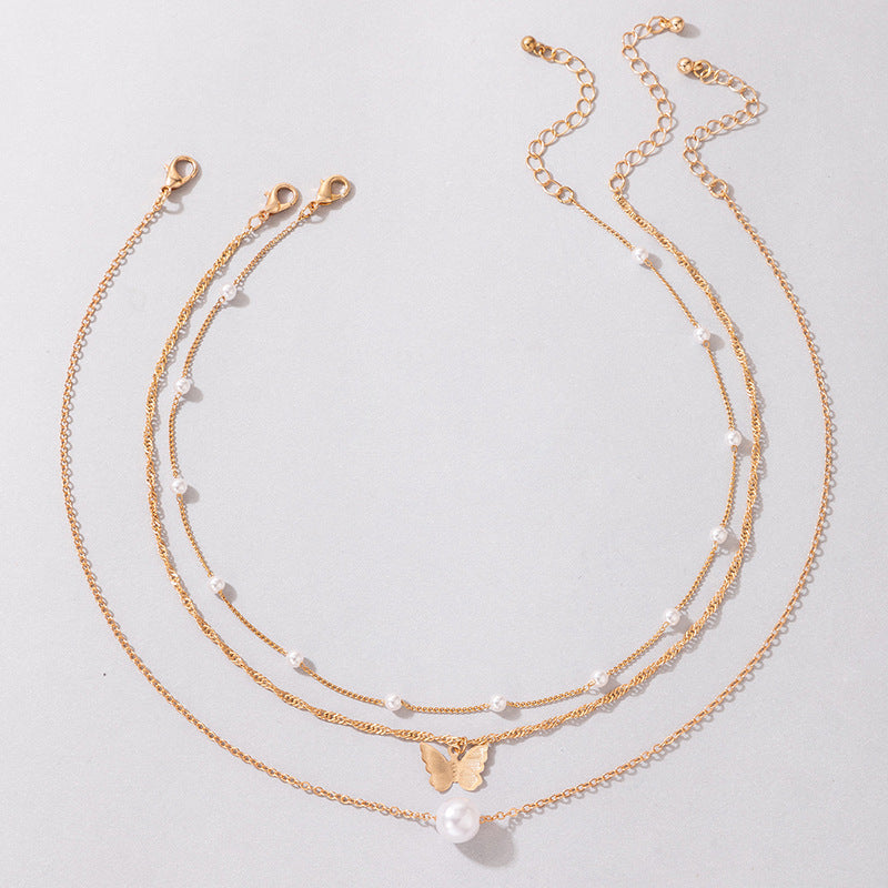 Multi Layers Pearl Butterfly Charm Necklace