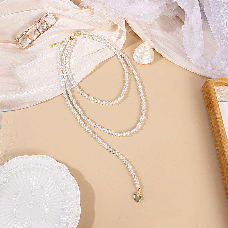 Long Pearls Necklace Layer Beads Heart Pendant Vintage Jewelry