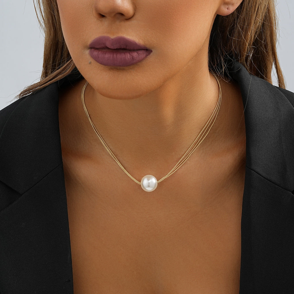 Double Layer Chain Necklace Big Pearl