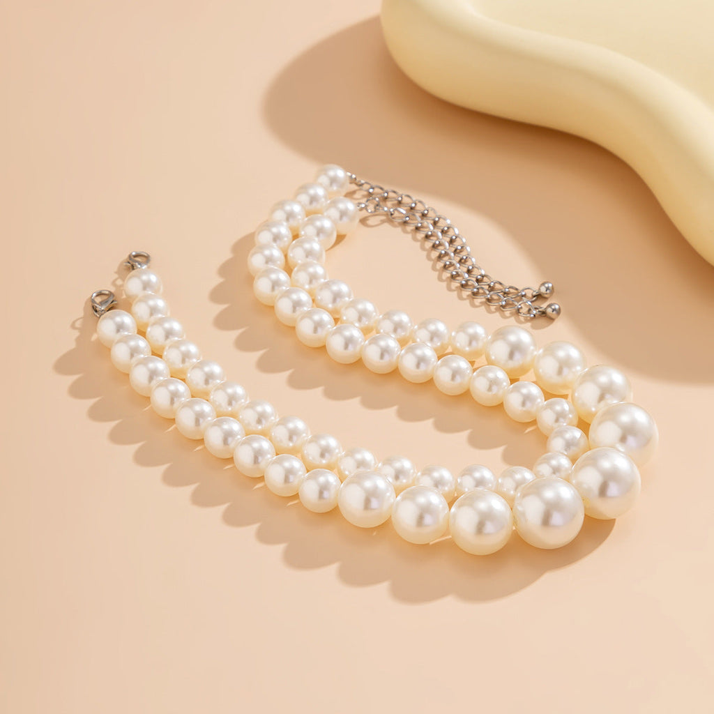 Fashion Double Layer Big Pearl Choker Beaded Statement Necklace