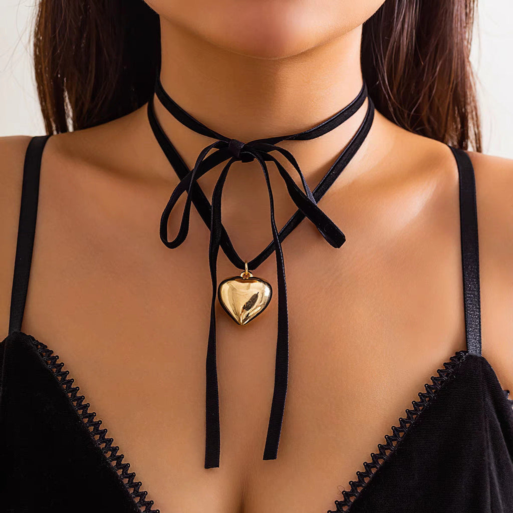 Double Layer Pink Lace Chain Metal Heart Pendant Choker Necklace