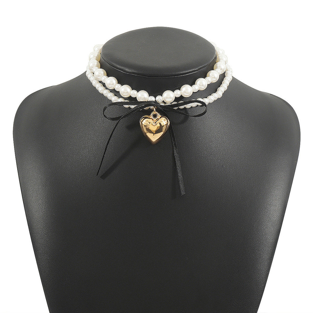 Goth Black Ribbon Bow Heart Pendant Necklace for Women