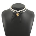 Goth Black Ribbon Bow Heart Pendant Necklace for Women