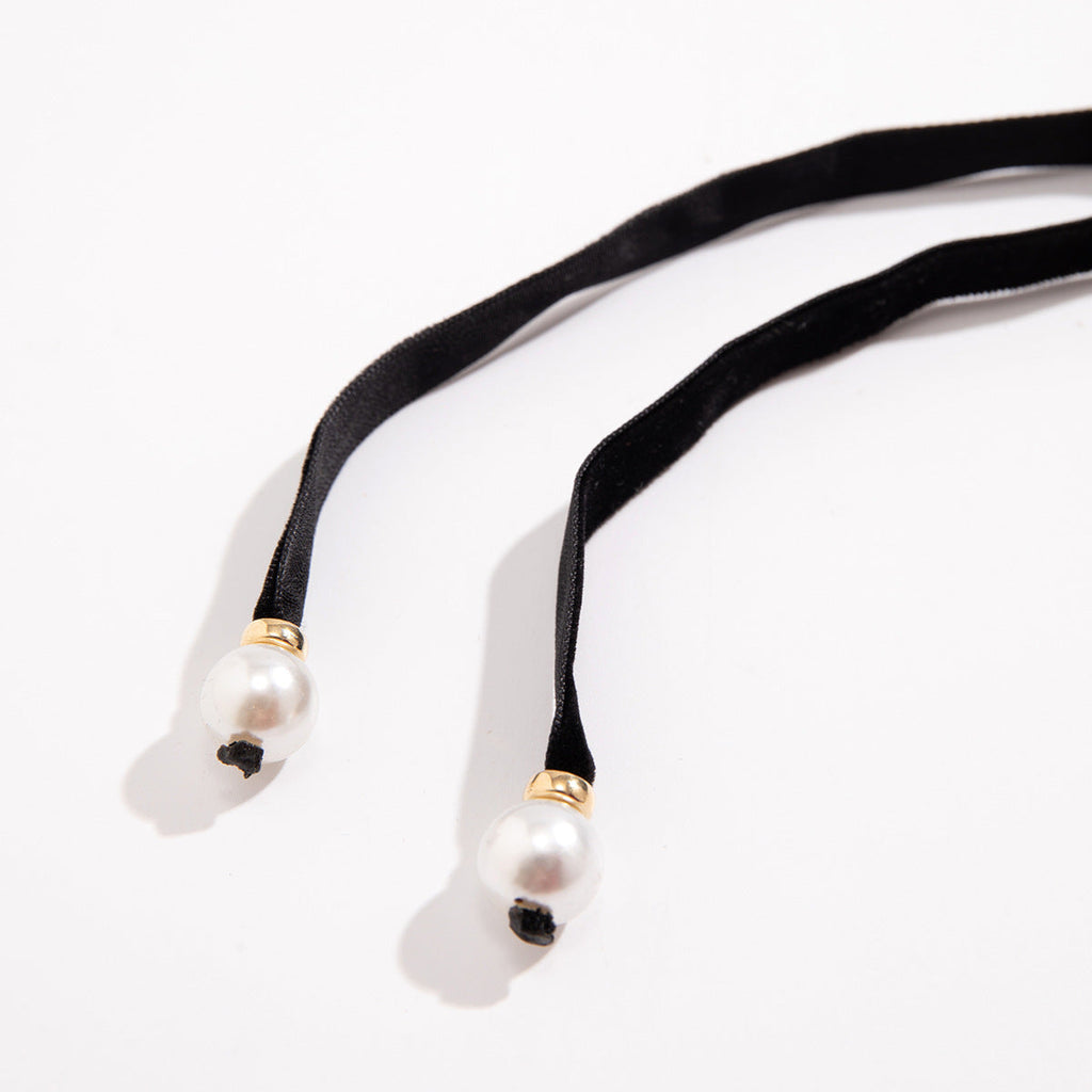 Velvet Pearl Bow Ribbon Choker Simple Long Lace up Choker Necklaces