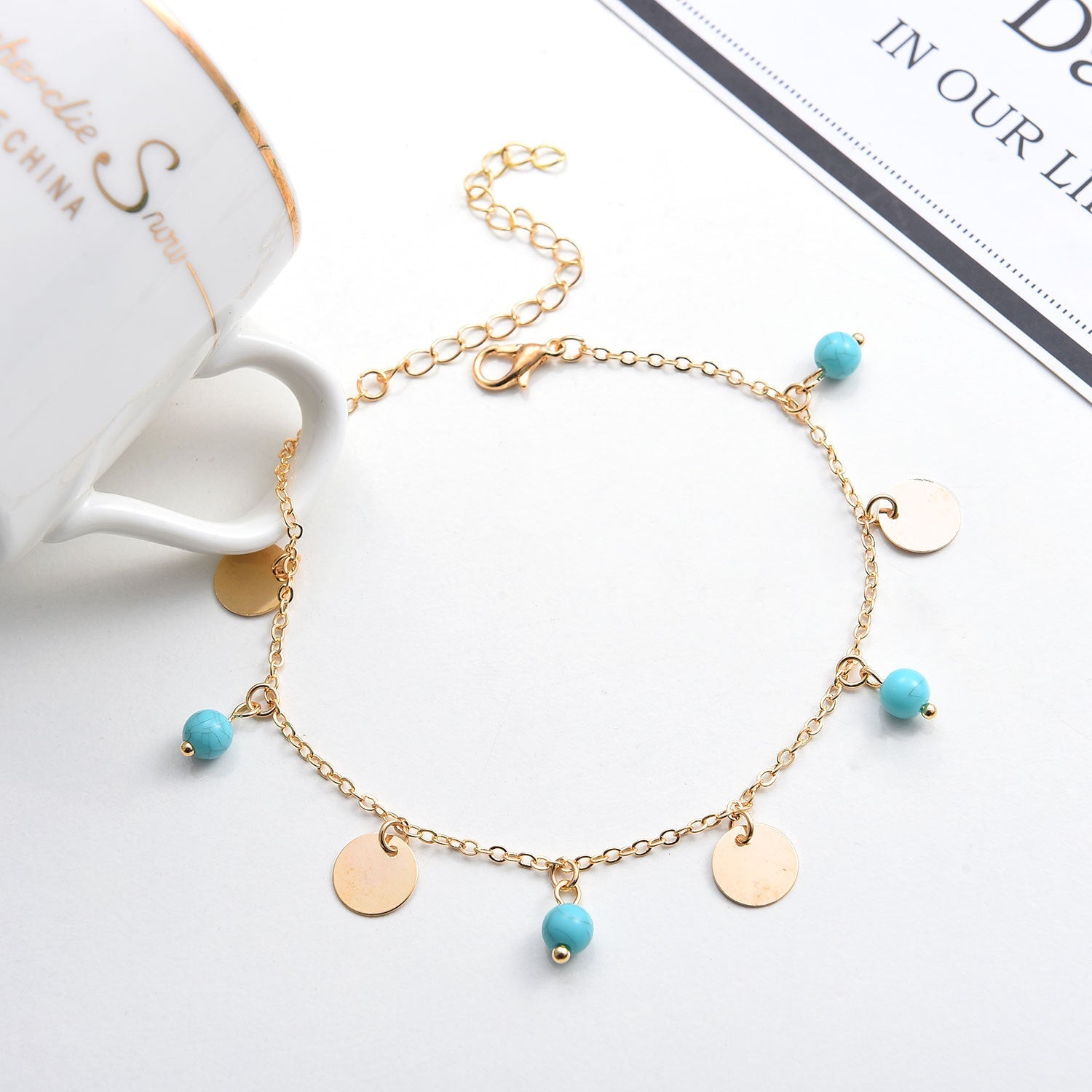 Natural Turquoise Beaded Charm Anklets Bracelets