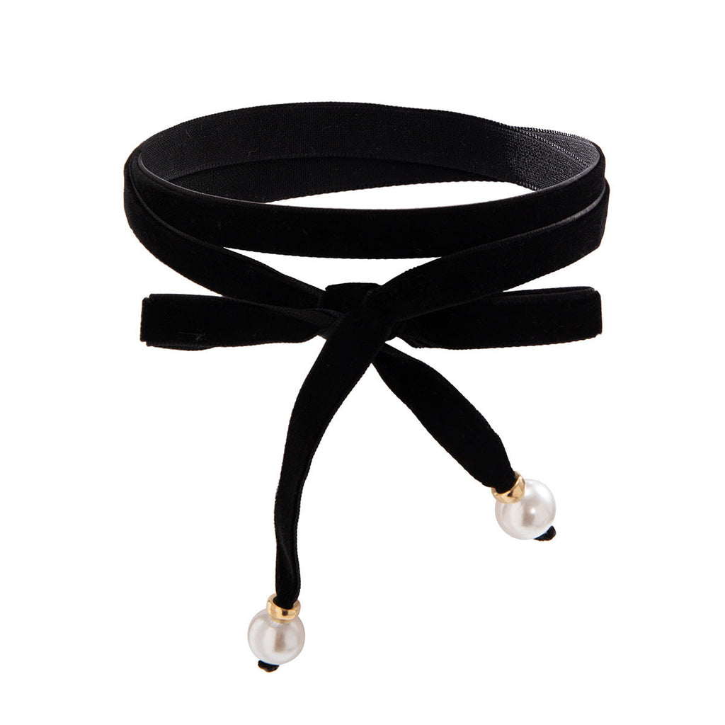 Velvet Pearl Bow Ribbon Choker Simple Long Lace up Choker Necklaces