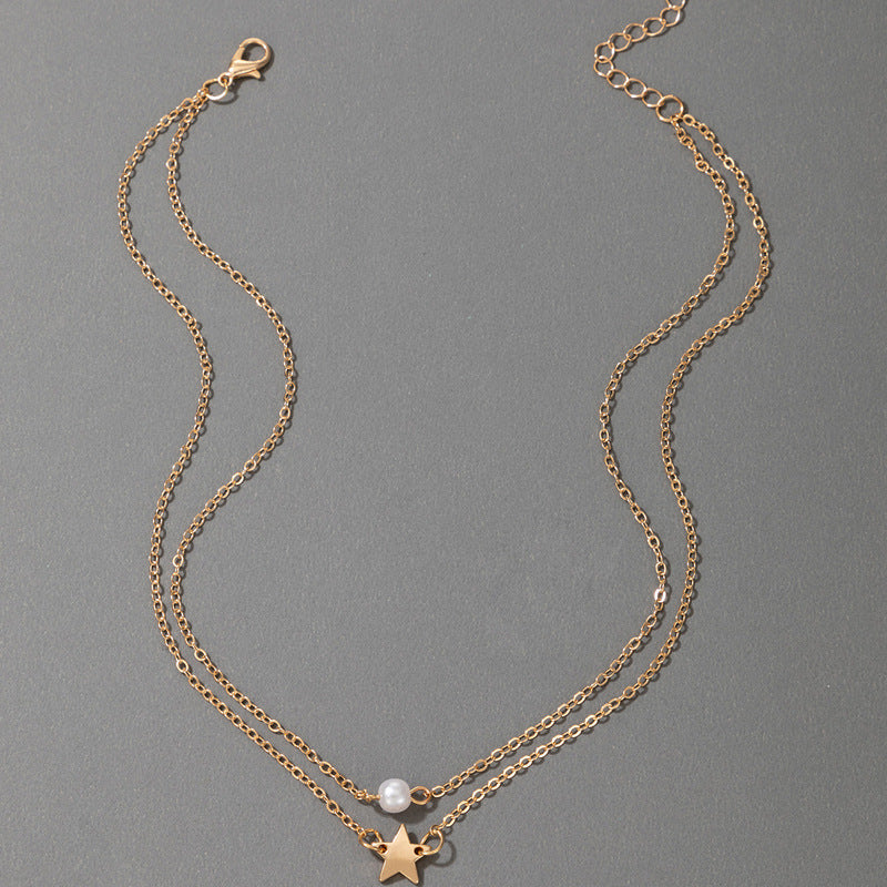 Star Pendant Imitation Pearl Necklace Double Layer