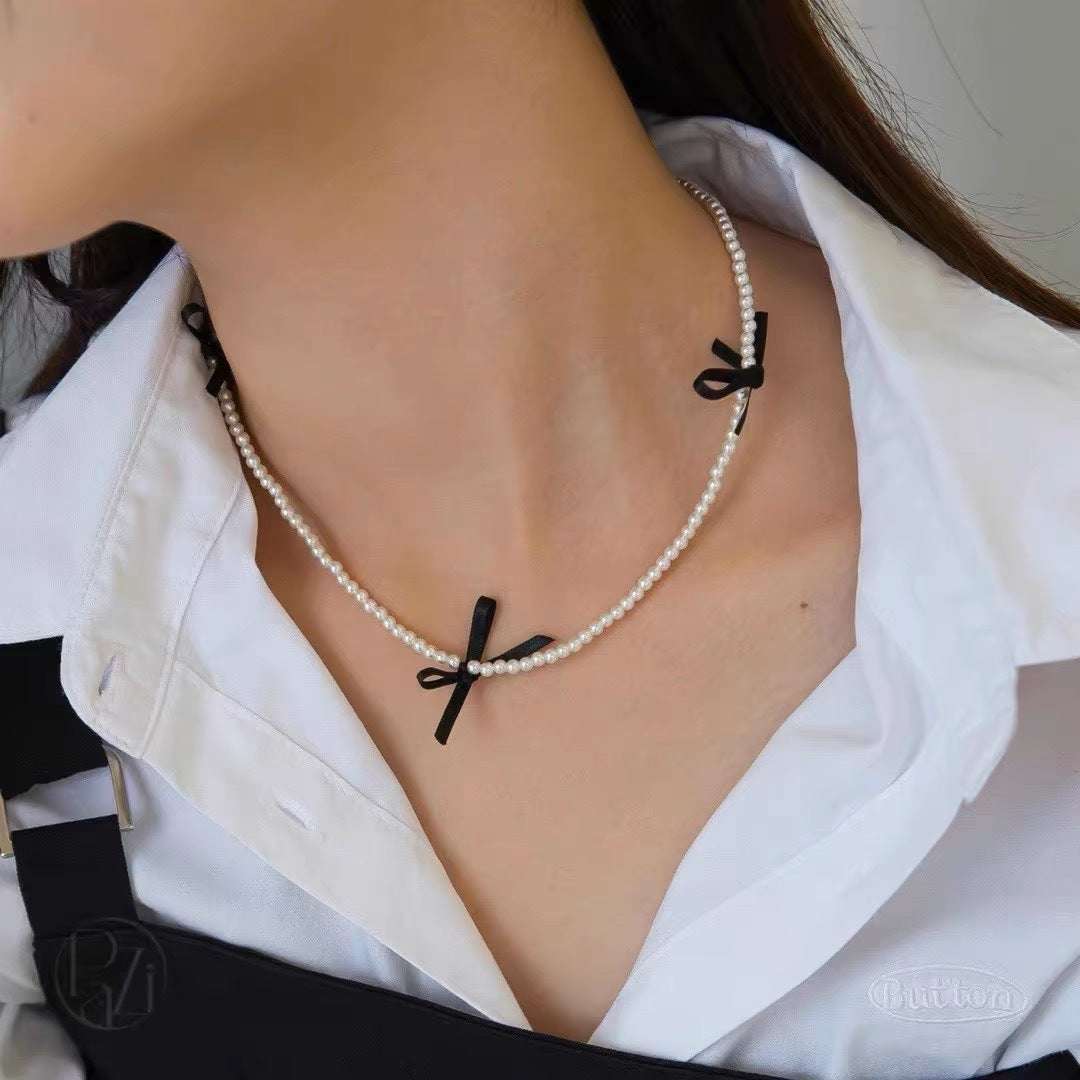 Faux Pearl Necklace Fashion Jewelry Sweet Girls Ribbon Bow Choker