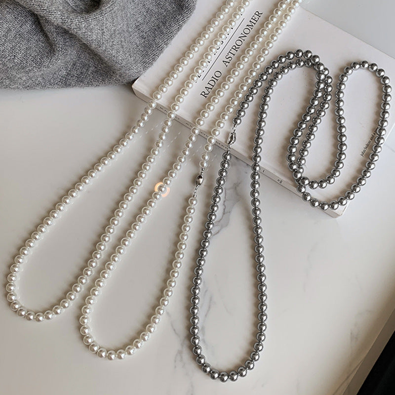 Long Gray Glass Pearl Vintage Charm Necklace