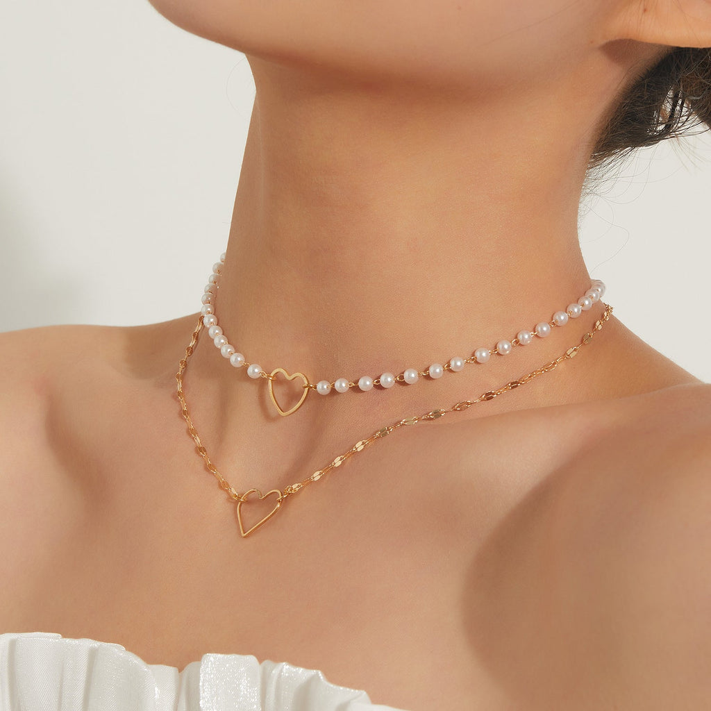 Beaded Pearl Necklace Heart Pendant