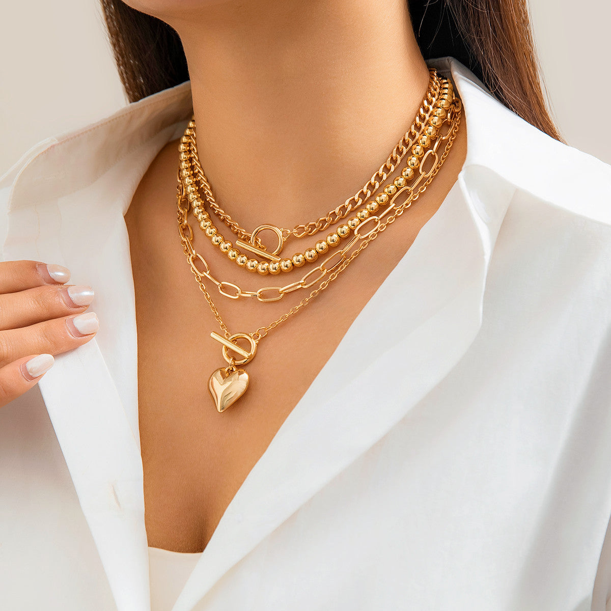 Multi Layer Chain Necklace Silver Round Beaded Necklace