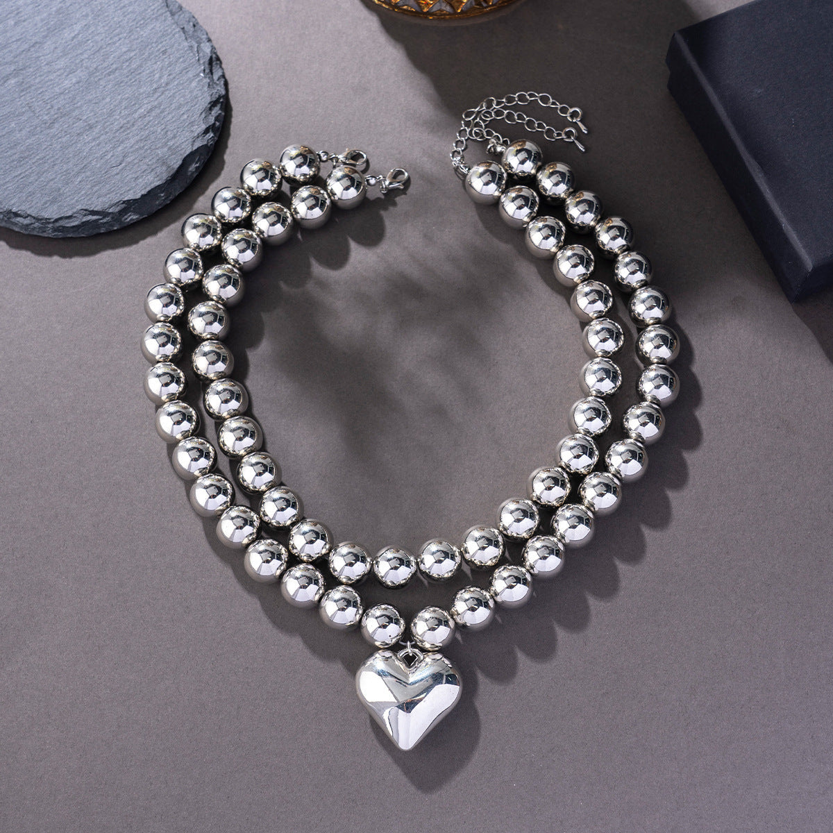 Multi-layer Round Beaded Necklace CCB love Pendent