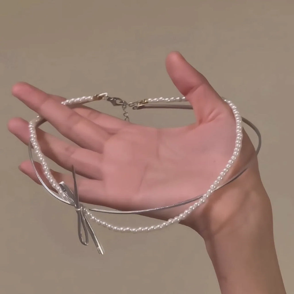 PU Leather Bow Clavicle Chain Choker Pearl Girl Necklace
