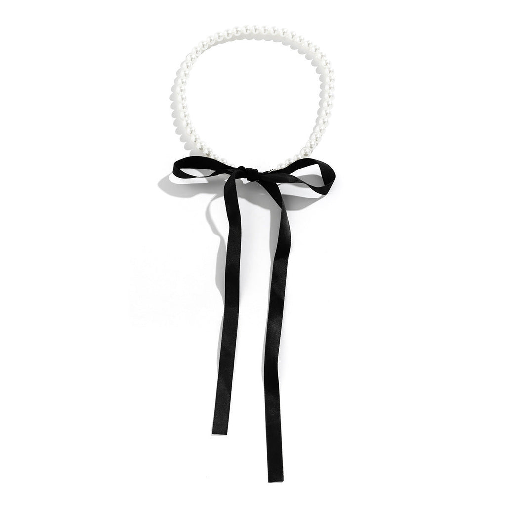 Long Bow Collarbone Chain Necklace DIY Lace up Velvet Pearl Necklace