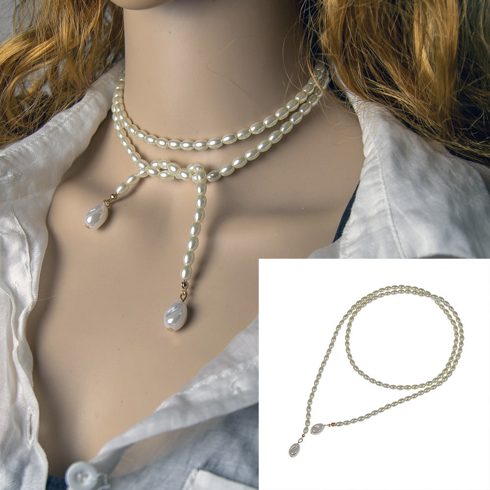 Vintage Long Glass Oval Pearl Necklace with Small Pearls