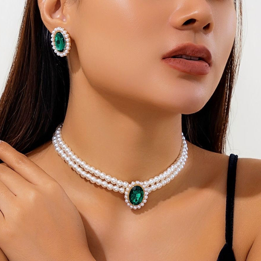 Women Jewelry Set Multi Layer Pearl Chain Choker Necklace Set