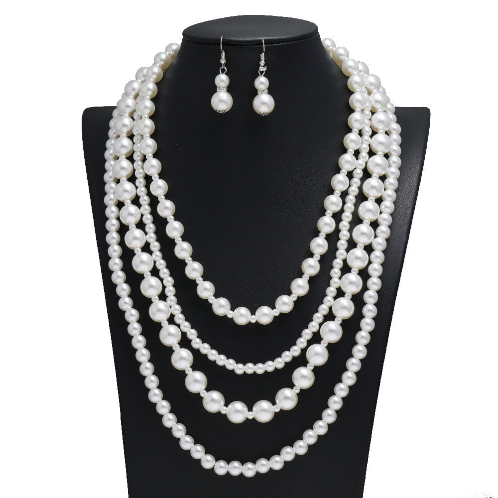 Multi Layers Long Pearl Necklace Earrings Set for Women