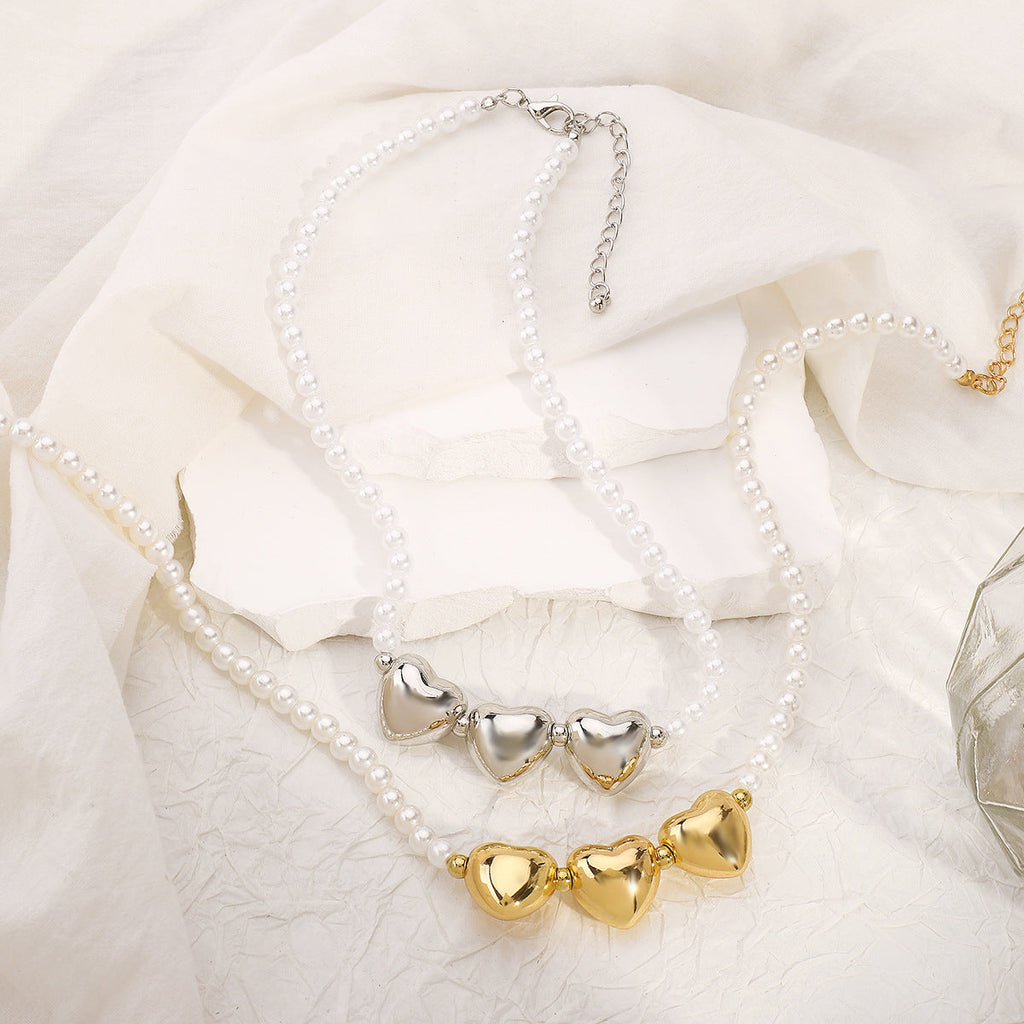 Pearl Beaded Necklace love Pendant