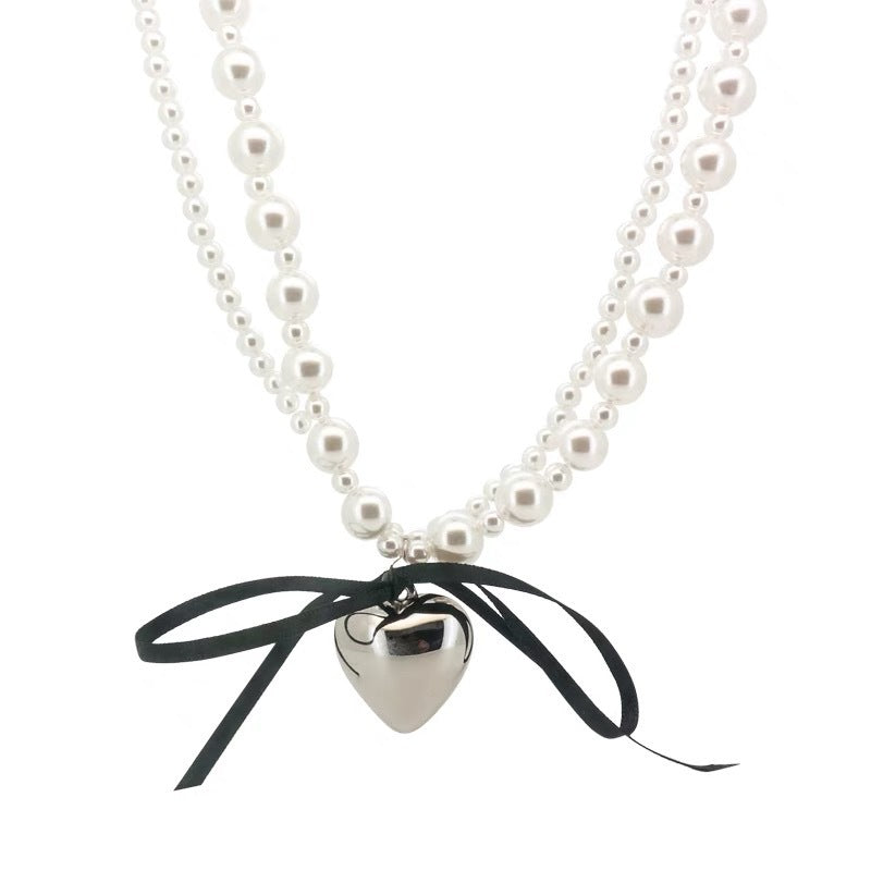 Goth Black Ribbon Bow Heart Pendant Necklace