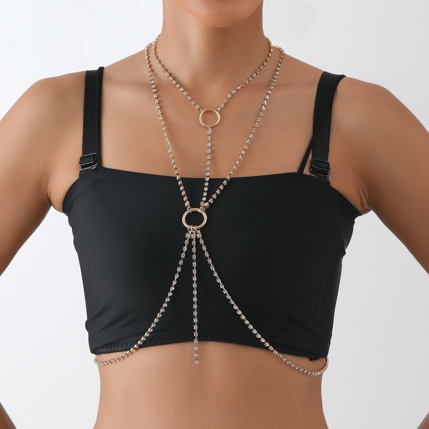 Women Rhinestone Long Necklace Breast Chain