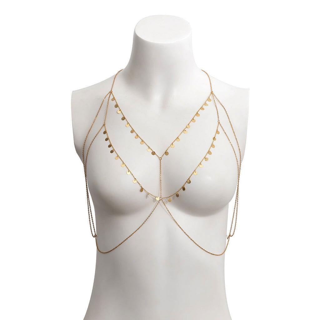 Multi-Layer Metal Small Round Piece Tassel Chest Chain Body Chain