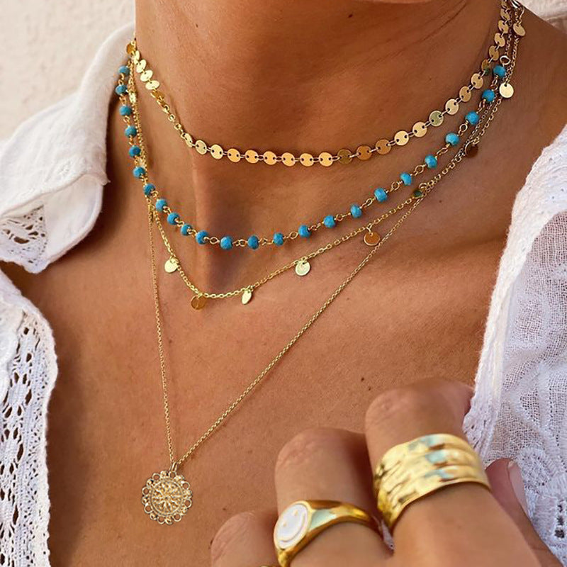 Turquoise Sequin Pendant Multi-layer Necklace