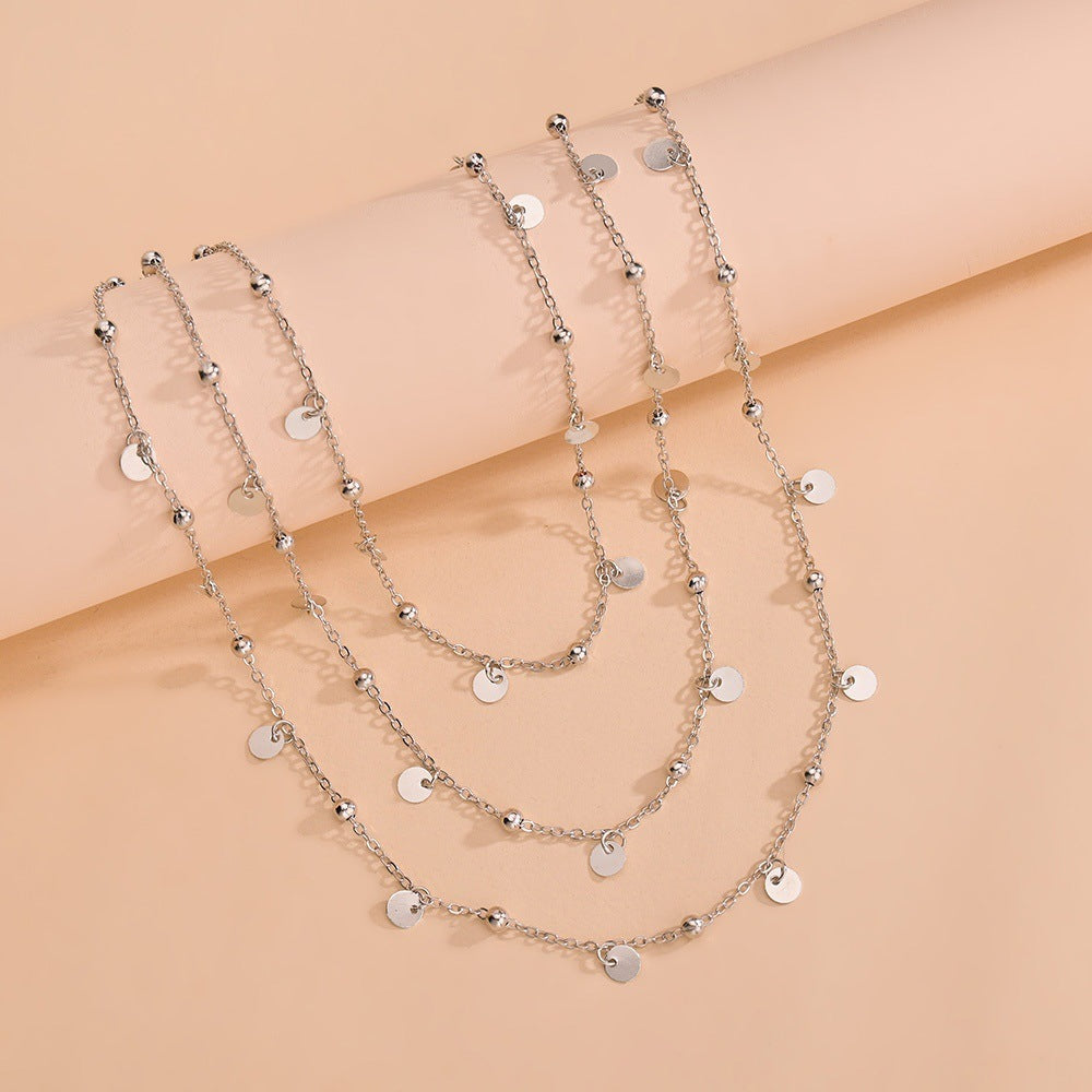 Chain Multi Layer Bead Necklace 3 Strand Disc Pendant Necklaces