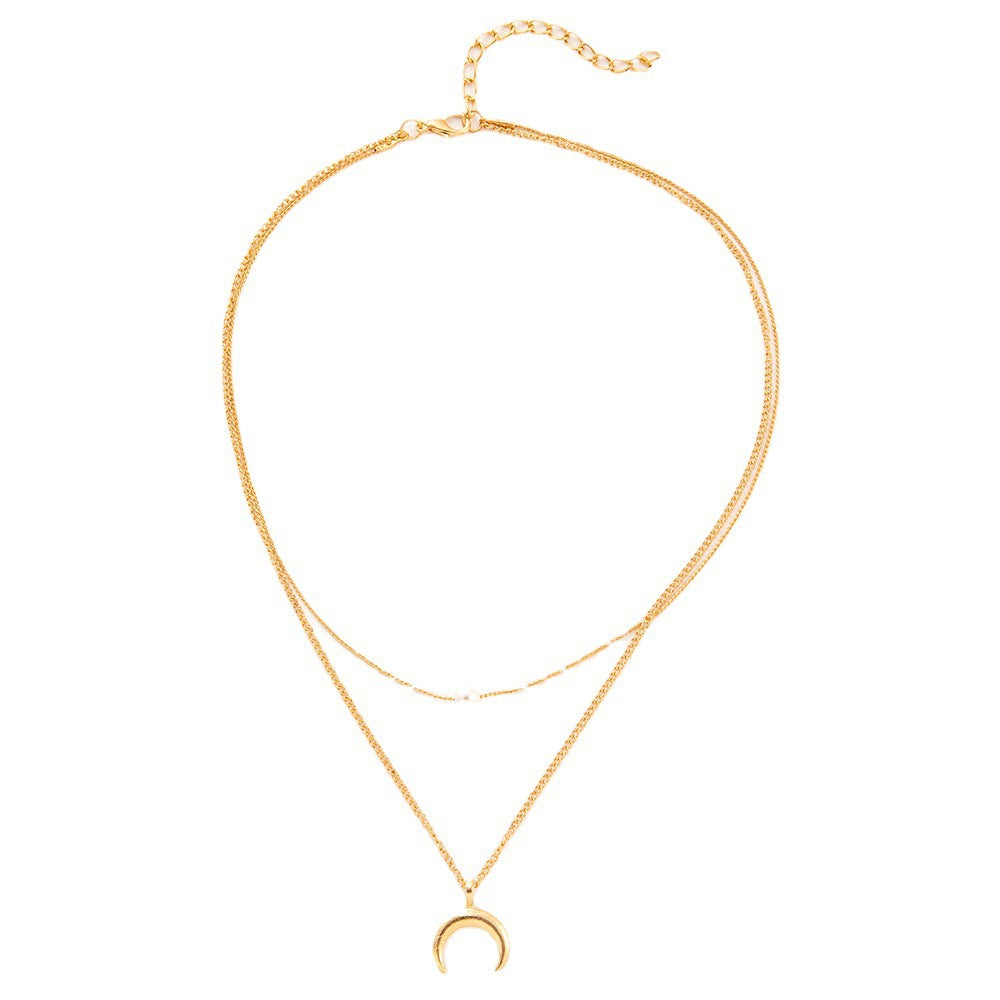 Multi Layer Clavicle Chain Necklace Horn Pendant