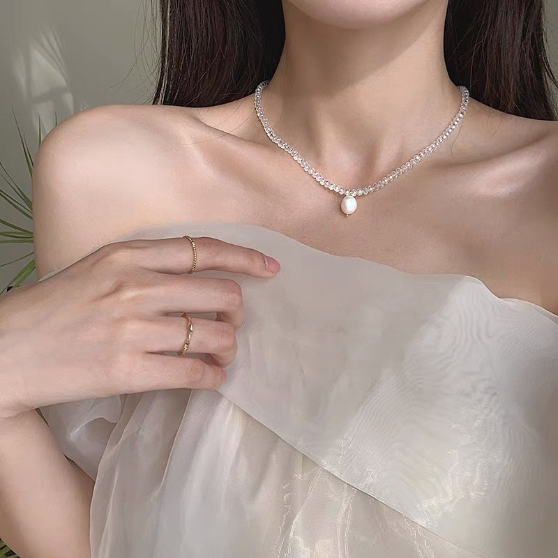 Crystal Bead Pearl Pendant Necklace