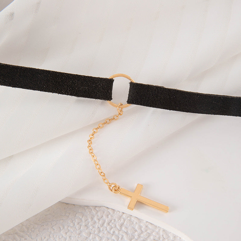 Punk Cross Tassel Pendant Black Short Choker Necklace