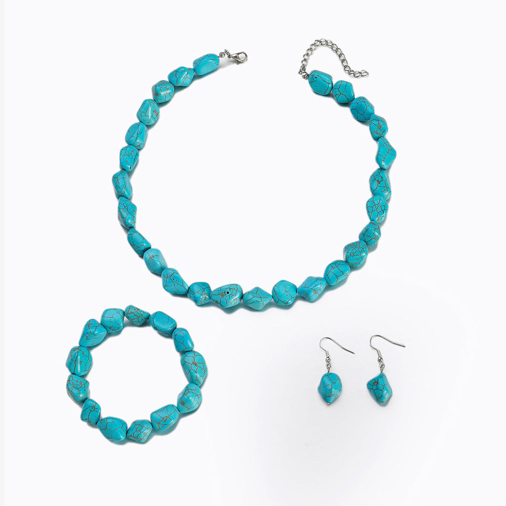 Vintage Turquoise Bracelet Irregular Beaded Necklace Elastic Bracelet Earrings Pendant Set