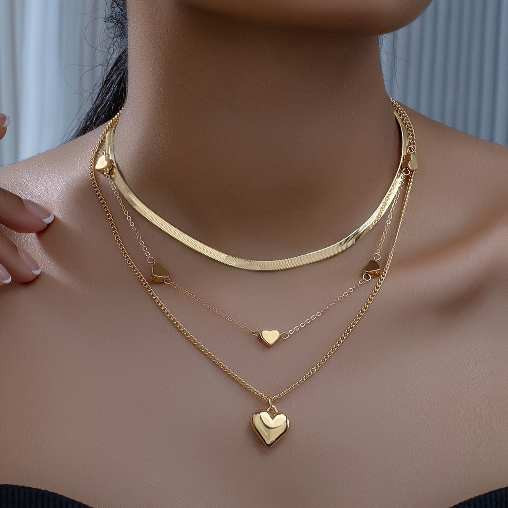 Multi Layered 3pcs Peach Heart Pearl Snake Chain Necklace