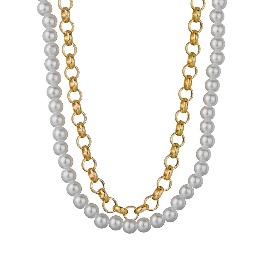 Double Layer Pearl Chain and Cuban Link Necklaces