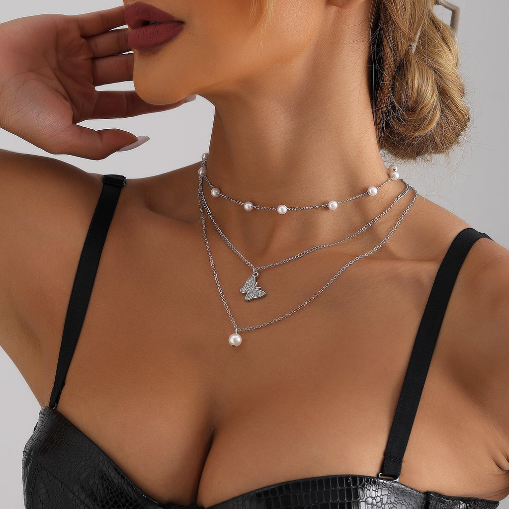 Rhinestone Multilayer butterfly Choker Chain Necklace