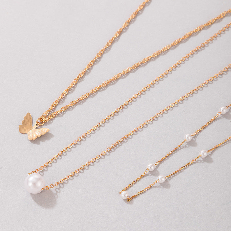 Multi 3 Layers Metallic Chain Gold Alloy Pearl Butterfly Charm Necklace