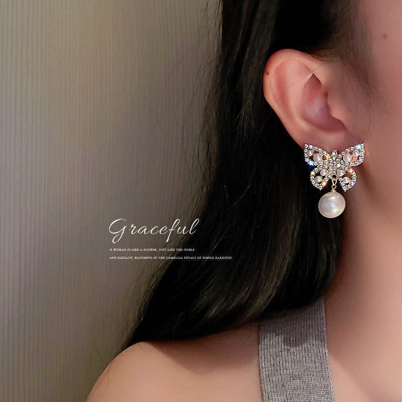 Pearl Butterfly Rhinestone Earrings for Women